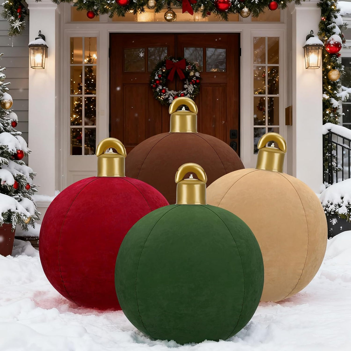 4 Pcs 32 Inch Giant Velvet Inflatable Christmas Balls, Extra Large Blow Up Pvc Ornaments, Flocked Oversized Christmas Ba