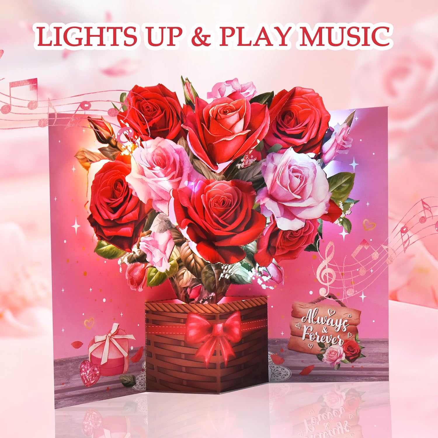 Pop Up Valentines Day Card, 3D Musical Rose Flower Anniversary Cards With Lights, Romantic Popup Love Greeting Card For Her Him Couples Wife Girlfriend Husband Boyfriend