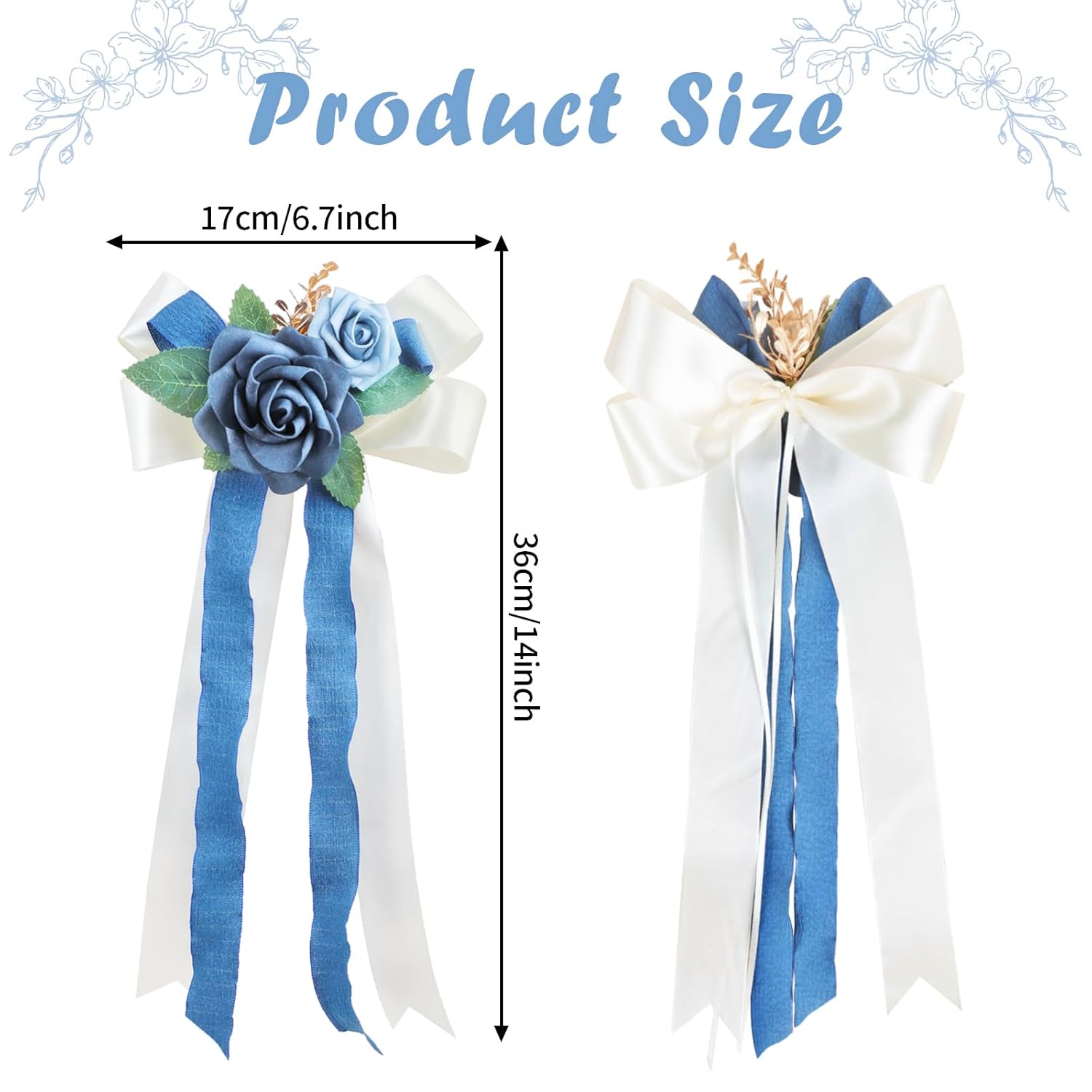 6 Pieces Blue Wedding Flowers Decor, Aisle Flowers Artificial Dusty Blue Flower Chair Ribbon Bow Decorations For Wedding Ceremony Party Church Banquet