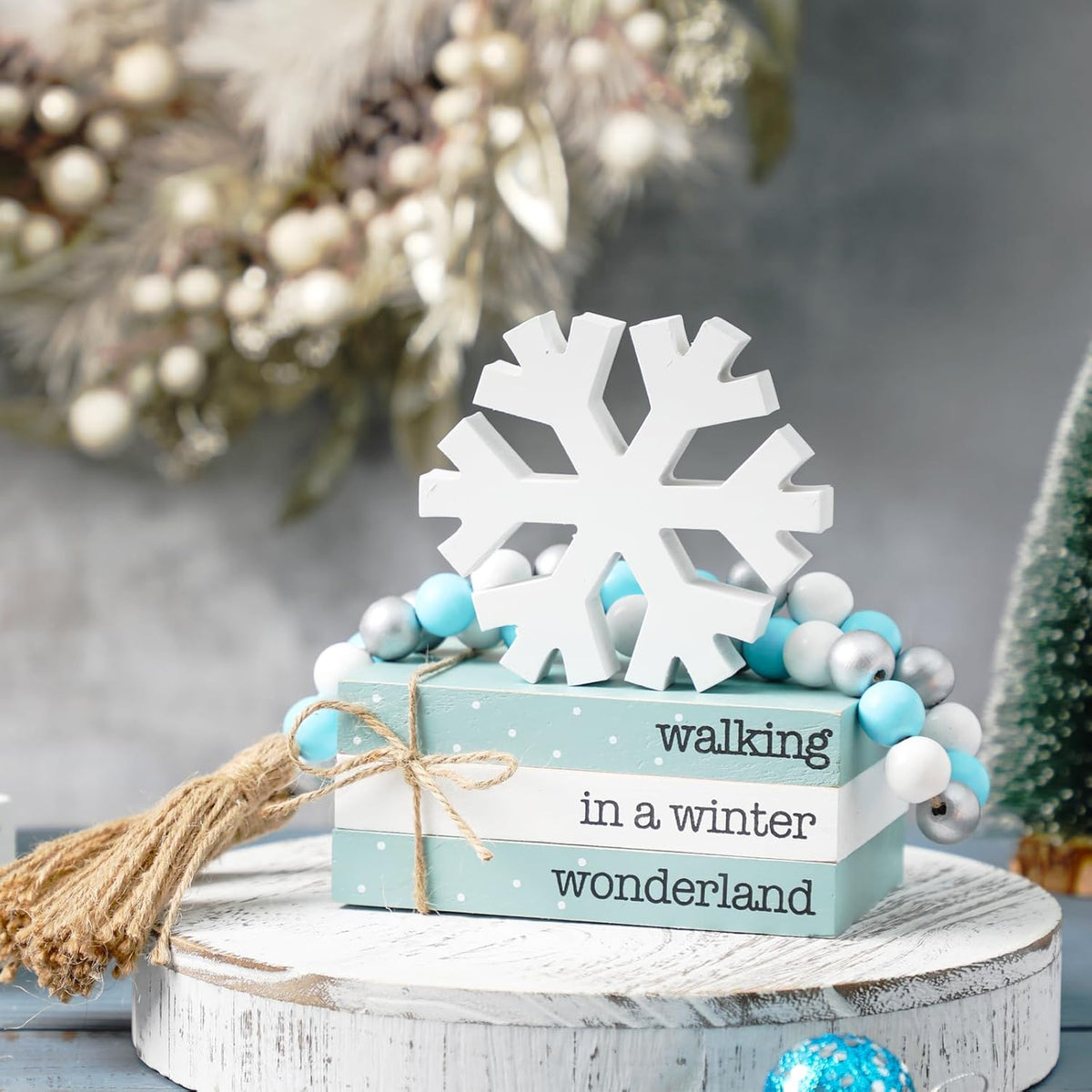 5Pcs Winter Wooden Tiered Tray Decor, Wooden Book Stacks Bundle With Snowflake Table Decor, Blue Xmas Rustic Farmhouse Tabletop Centerpieces Home Kitchen Decoration
