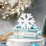 5Pcs Winter Wooden Tiered Tray Decor, Wooden Book Stacks Bundle With Snowflake Table Decor, Blue Xmas Rustic Farmhouse Tabletop Centerpieces Home Kitchen Decoration
