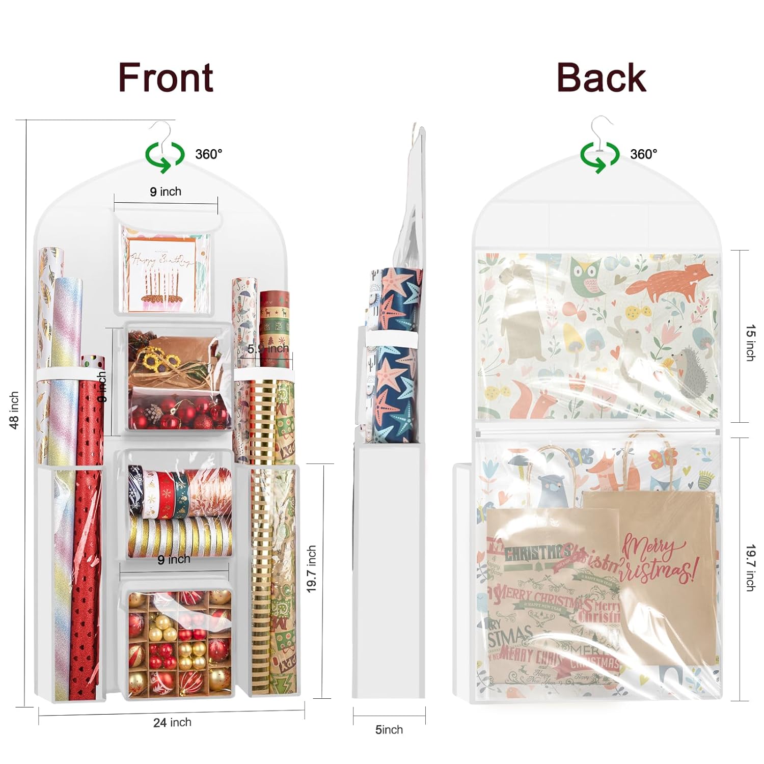 Hanging Gift Wrapping Paper Storage, 48X24 (Extra Large) White Double-Sided Christmas Wrapper Bag Container, Oxford Long Craft Roll Organizer, Present Wrap Holder For Closet, Door