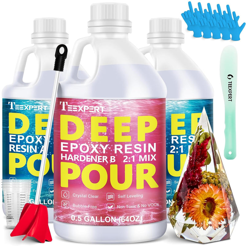 Deep Pour Epoxy Resin, 1.5 Gallon Epoxy Resin Kit For 2-4" Pour Depths, Crystal Clear & High Gloss, Bubble-Free Casting Resin For River Tables, Flower Preservation And Mold Crafts - 2:1 Mix