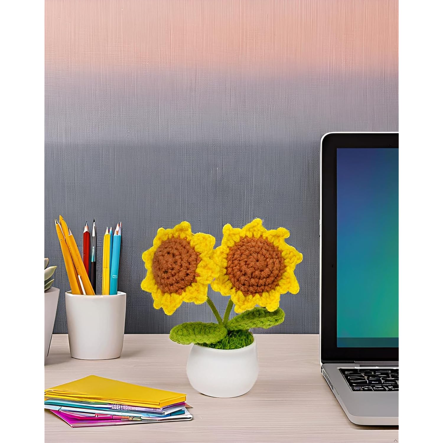 3Pcs Crochet Flowers, Red Rose Sunflower Daisy Knitted Flowers Pots For Office Car Dashboard, Cute Desk Décor, Mothers Day Valentines Day Birthday Gifts