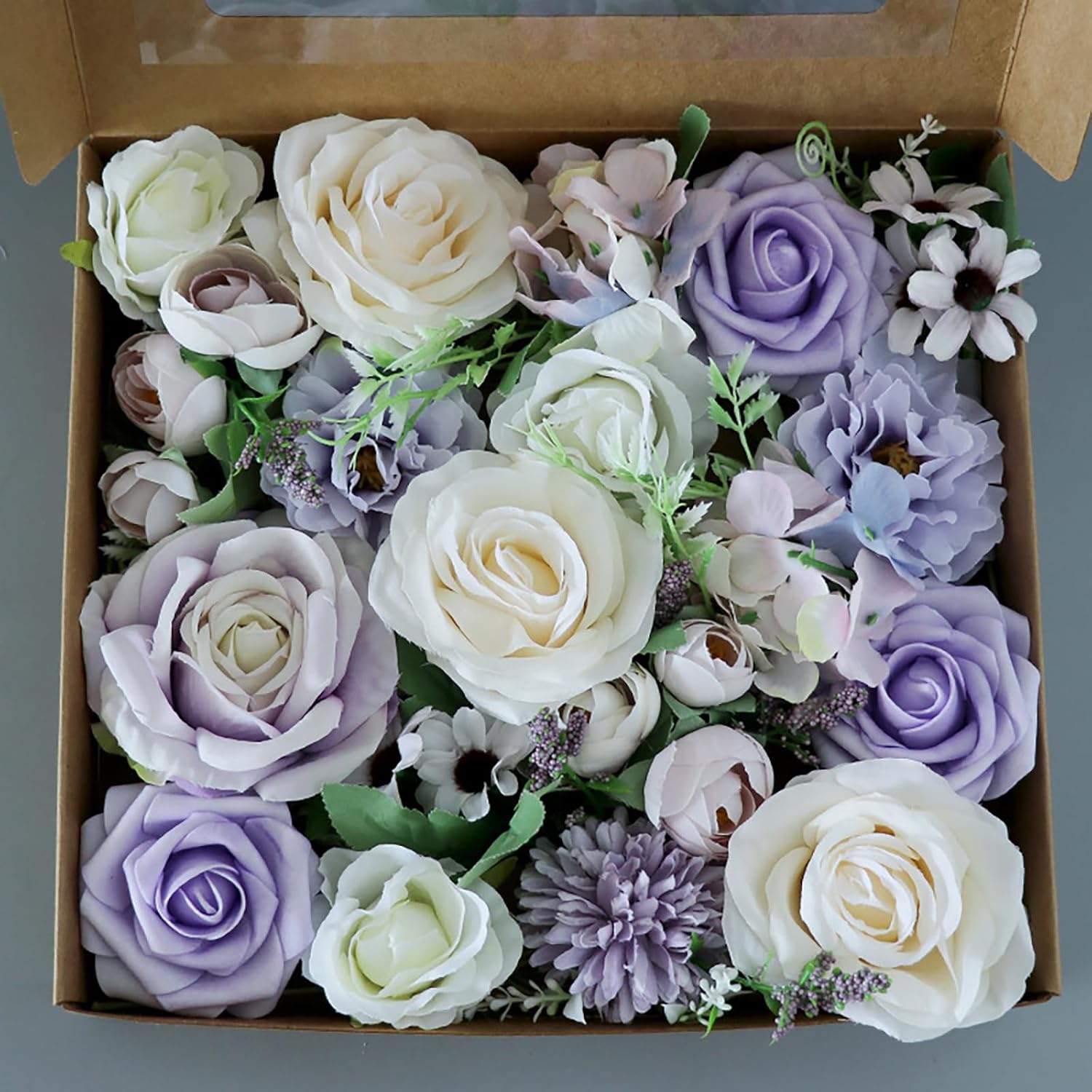 Artificial Flowers Box Set, Fake Flowers Roses With Stems, Faux Flower For Baby Shower Bridal Shower Wedding Decor Centerpiece Diy Bouquet Decorations, Purple