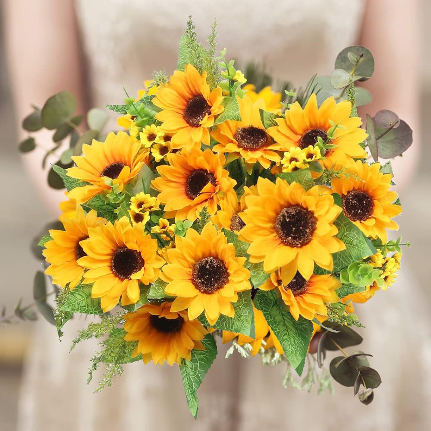 Artificial Sunflower Bouquets,2 Bunches Fake Flowers For Outdoors Baby Shower Home Wedding Fall Decor, Bride Holding Flowers,Diy Garden Craft Art Decor