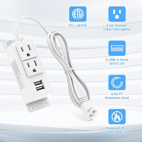 White Power Strip Surge Protector with 2 AC Outlets and 2 USB Ports and 6.56 FT Cord