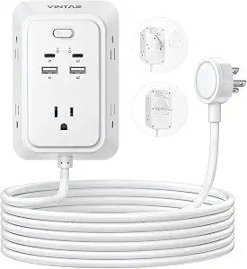 10 Ft Flat Plug Extension Cord Multi Outlet Power Strip with 2 USB C Ports