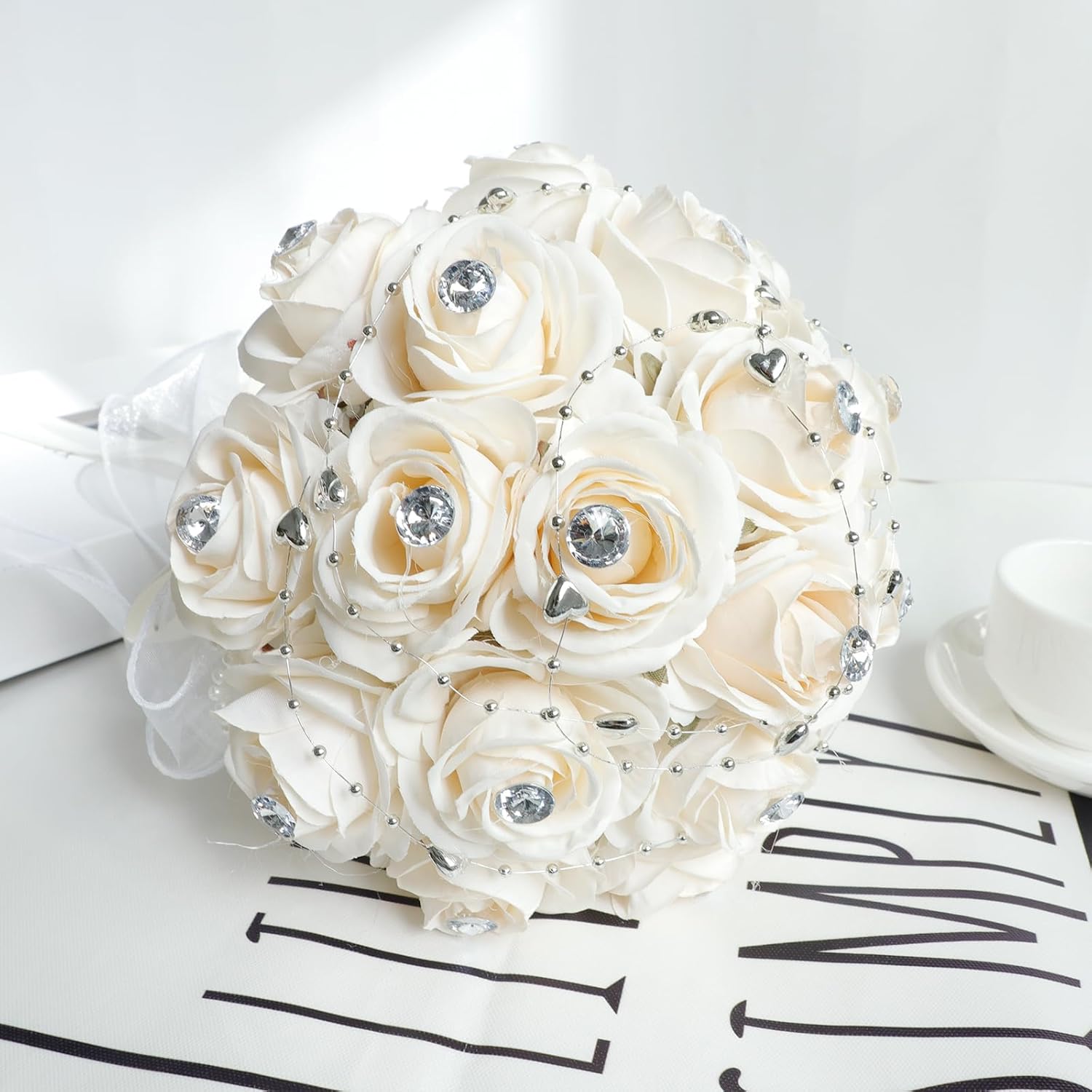 Wedding Bouquets For Bride Bridesmaid Hand Bouquet Diamond Artificial Flowers For Wedding Marriage Proposal Party Valentine'S Day Church Home Decoration (Champagne)