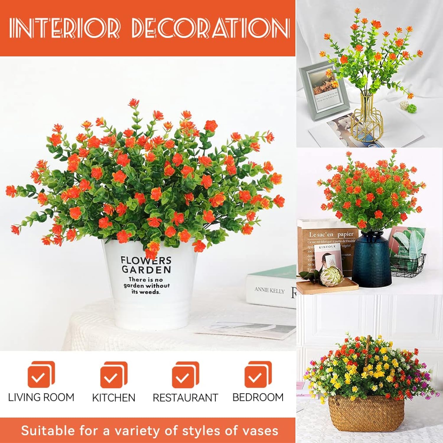 12 Bundles Artificial Flowers Outdoor Fake Plant Uv Resistant Faux Plastic Greenery Shrubs Plants For Garden Porch Hanging Planter Window Patio Farmhouse Decoration Real Looking (Orangered)