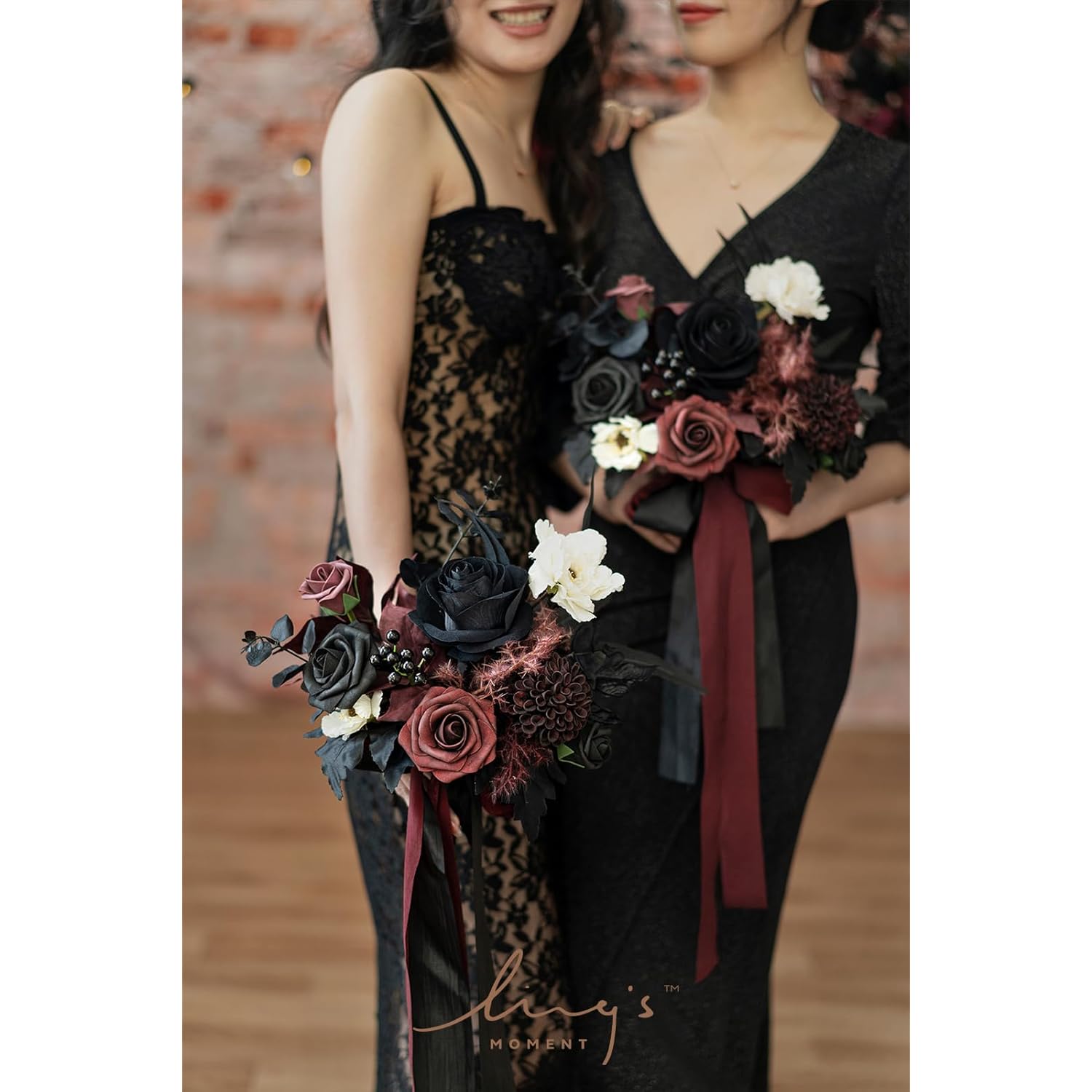 Artificial Bridesmaid Bouquets Set Of 6,Black Wedding Flower Bouquets Burgundy Floral Bouquet Gothic Bridal Bouquets With Ribbon,Ceremony,Anniversary,7-Inch Diameter