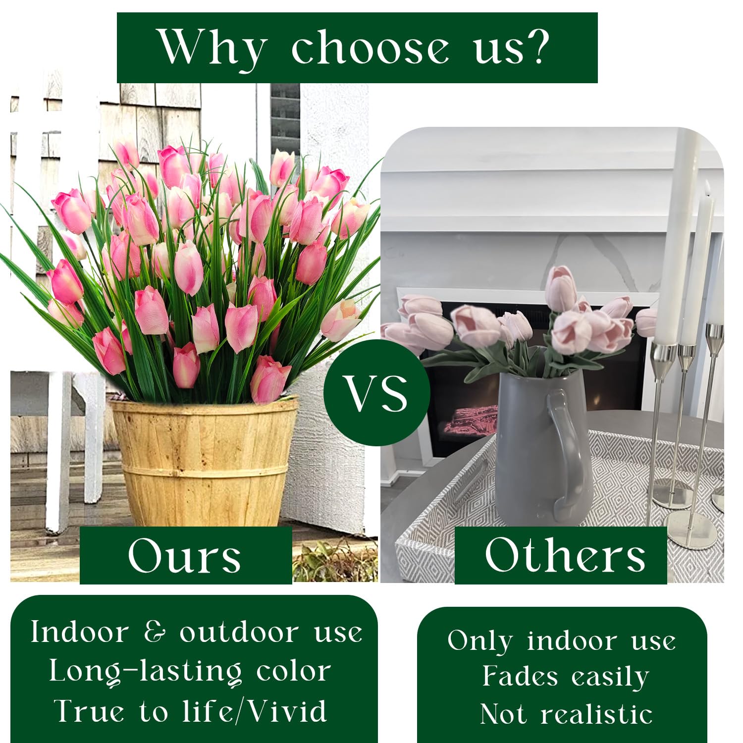 12 Bundles 60 Heads Artificial Tulips Fake Flowers Outdoor Uv Resistant Silk Tulip Faux Plastic Greenery Shrubs Plants For Outside Planter Porch Garden Patio Decor (Pink)
