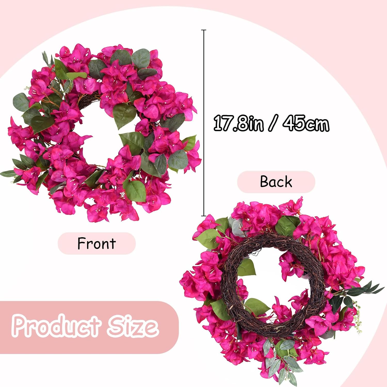 Bougainvillea Artificial Wreaths For Front Door Spring Summer Faux Silk Bougainvillea Wreath Fake Bougainvillea Flowers For Porch Wedding Home Wall Festival Indoor Outside Decor (Hot Pink)