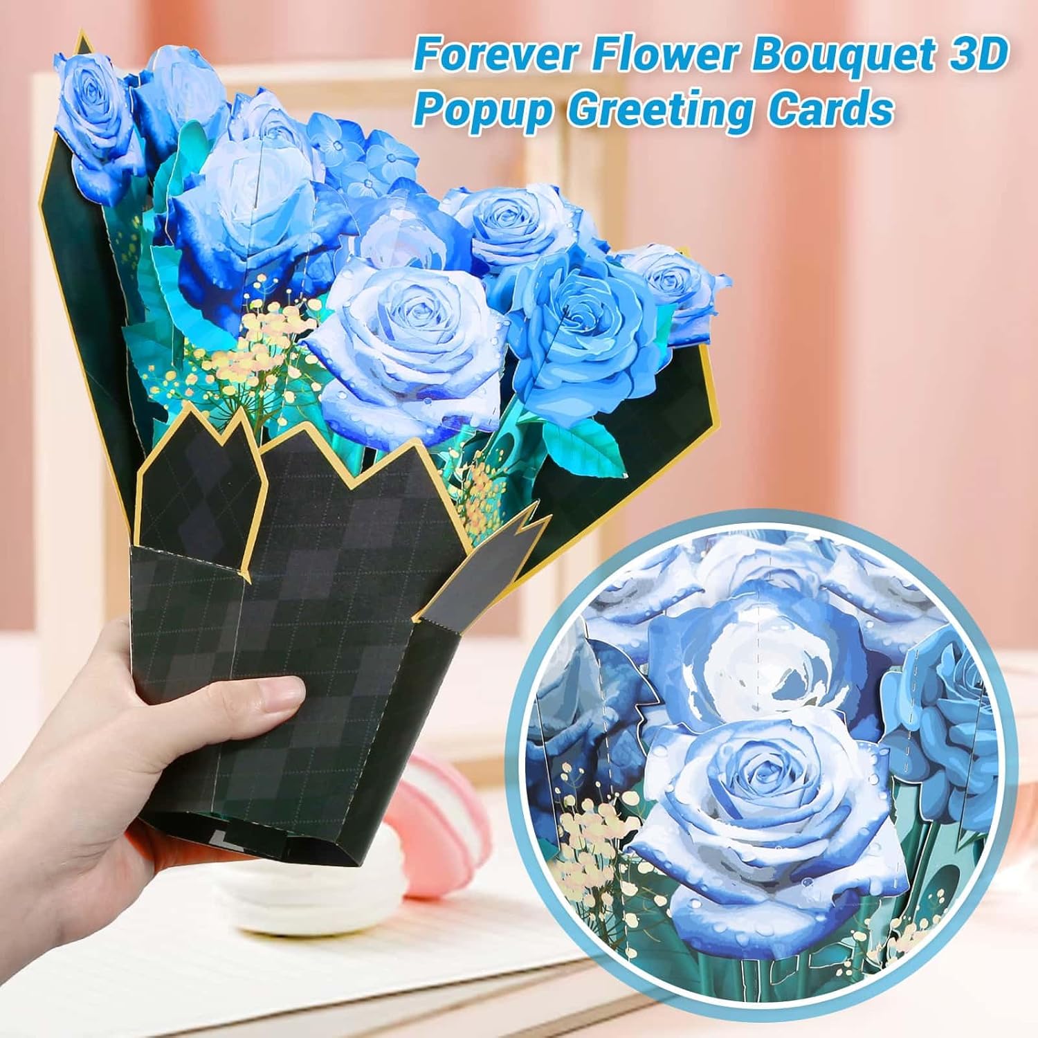 Pop Up Flower Cards, Blue Rose Bouquet 3D Greeting Card Birthday Card For Women With Blank Notes And Envelope, Anniversary, Congratulations, Get Well Gifts Card For All Occasion