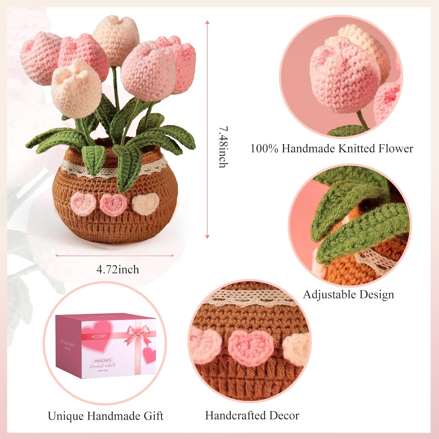 Completed Hand-Crocheted Tulip Potted Plant With Premium Gift Box, Unique Hand-Crafted Gift For Home And Office Desk Decor, Perfect For Girlfriend, Wife, Moms, Lover And You (Pink)