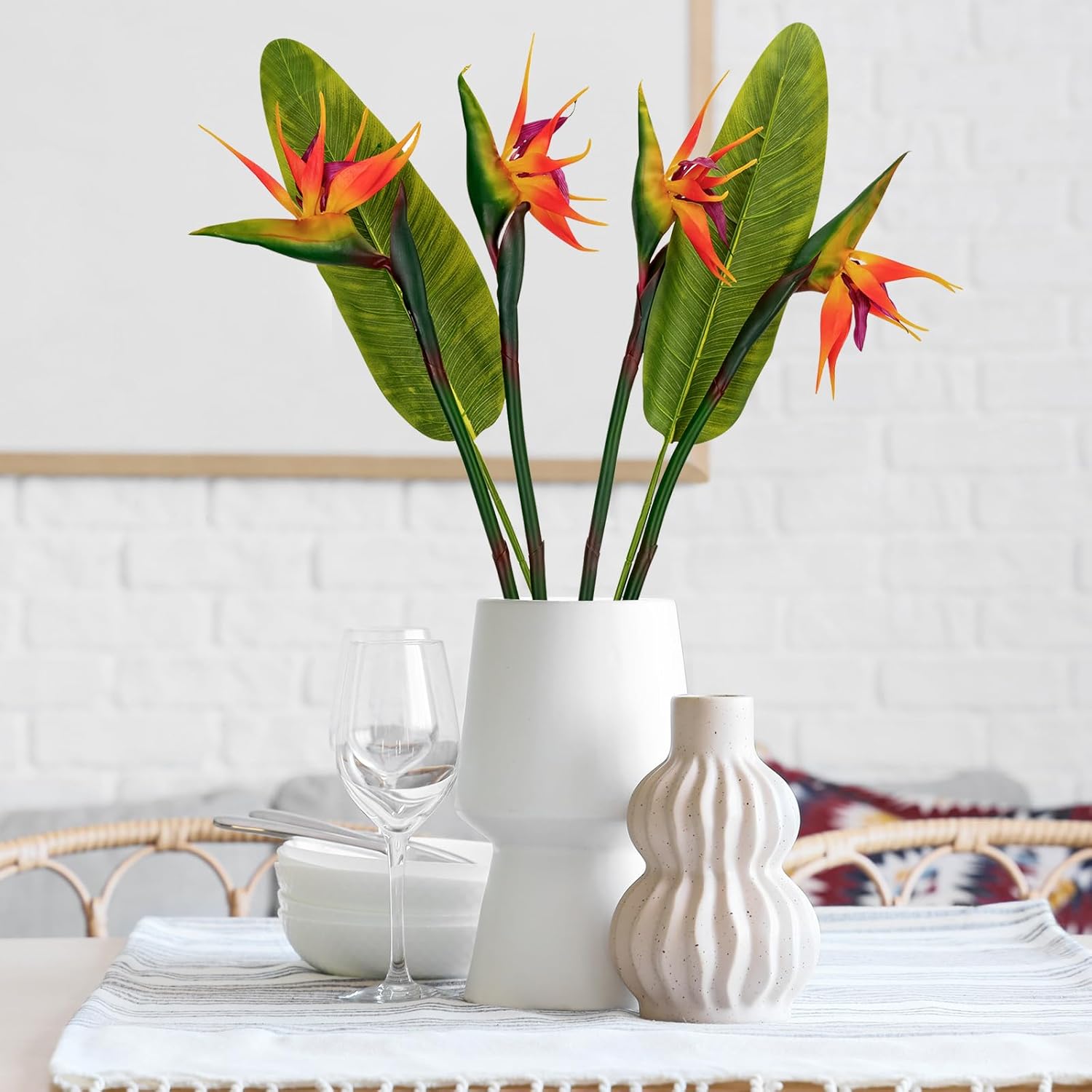 Artificial Bird Of Paradise Flowers Real Touch 31.5'In Long Stem Flower 4 Pcs, With Bird Of Paradise Leaves 33.5'In Long Stem Greenery Plants 2 Pcs,For Home Garden Wedding Party Decor (Orange 6 Stems)