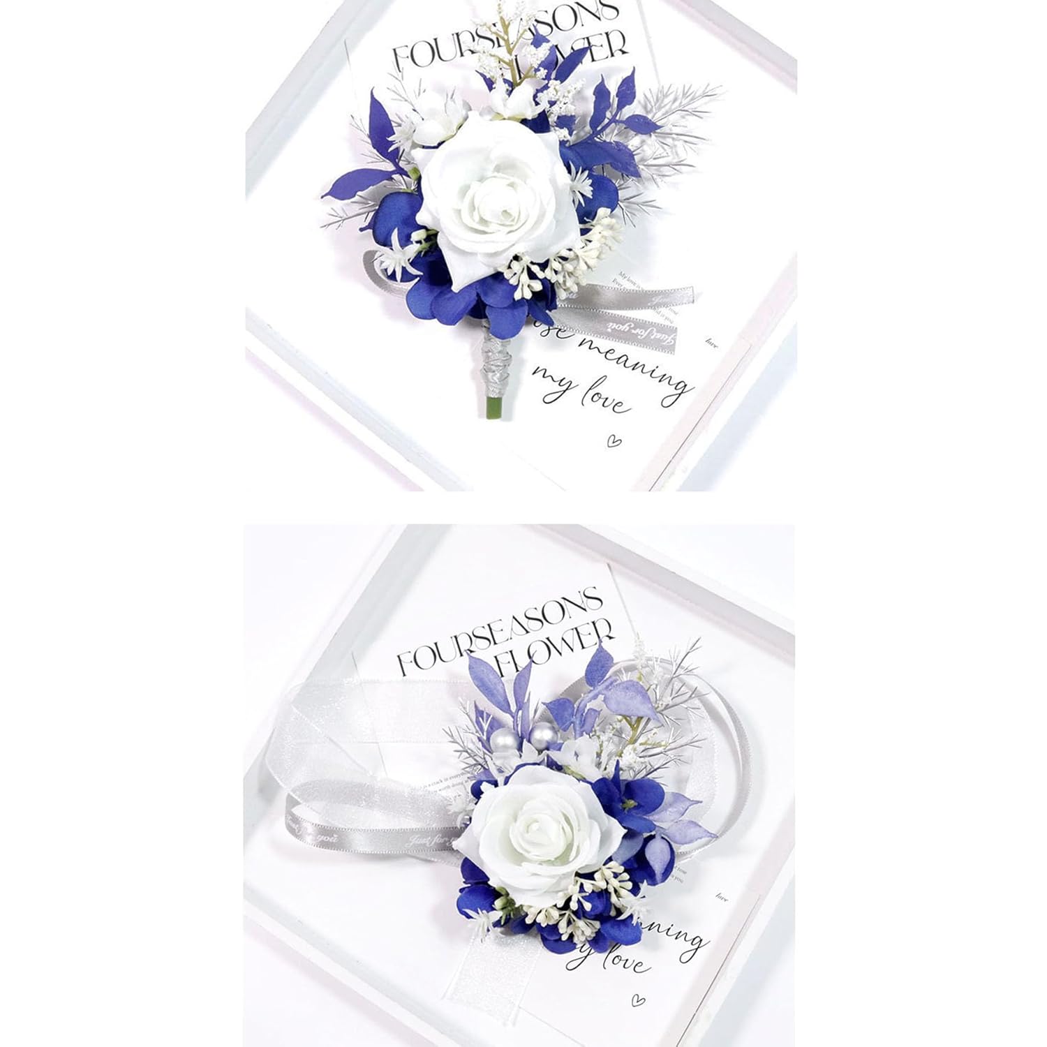 Wrist Corsage And Boutonniere Set For Prom Homecoming Wedding Party Celebration Artificial Flowers Accessories Suit Decor 2 Pieces - White+Navy Blue