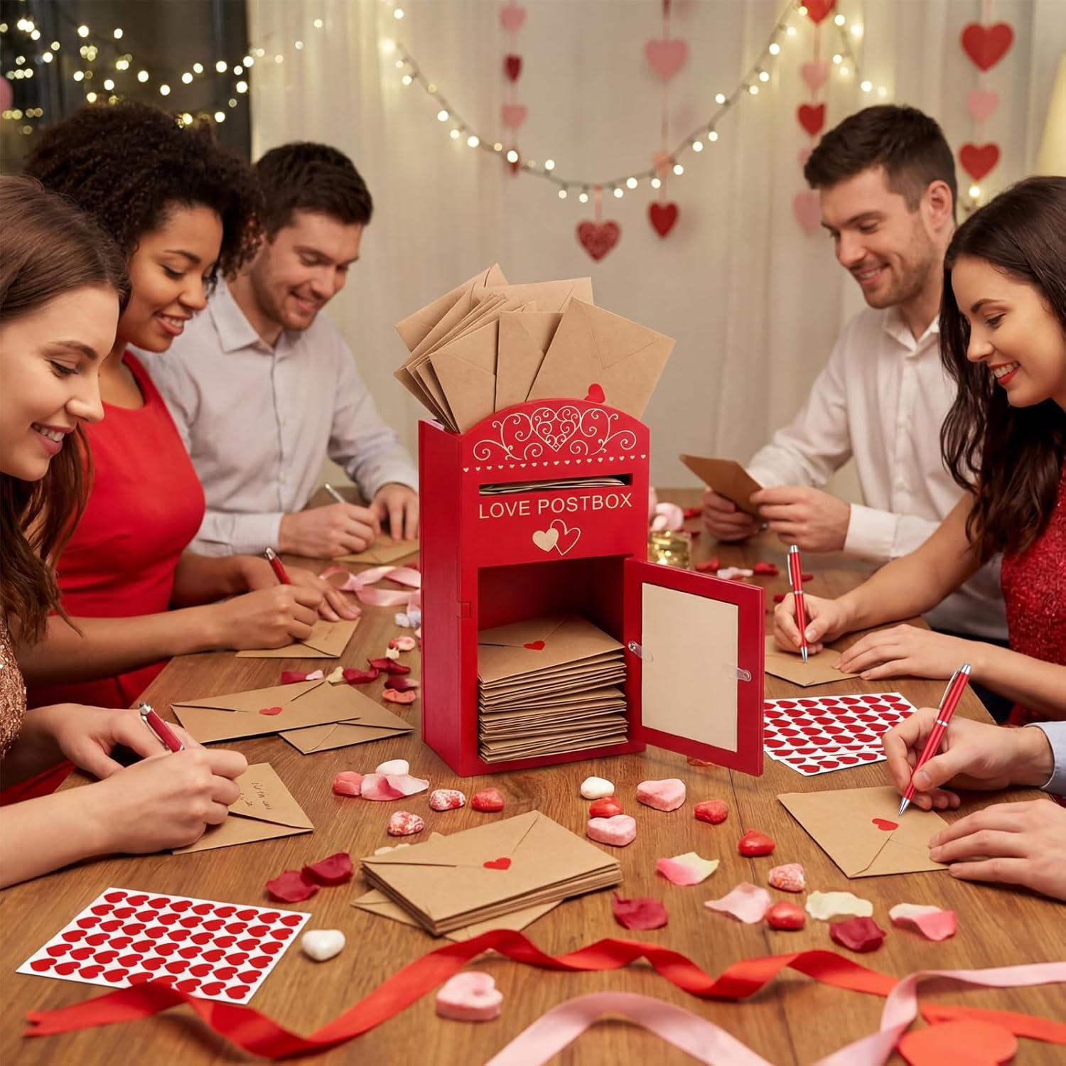 124 Pcs Valentines Love Postbox Wooden With 60 Mini Love Notes And 60 Envelopes 2 Heart Stickers Red Pen Valentines Letter Long Distance Relationship Mailbox Gifts For Couple Him Her