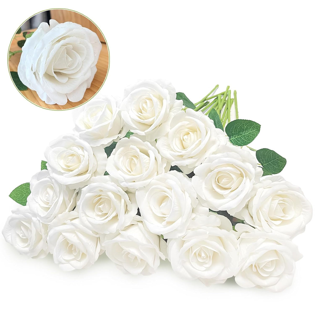 15Pcs Artificial White Roses, Artificial Silk Fake White Rose Flower With Single Long Stems, Realistic Forever Bouquet Flowers For Diy Arrangements Home Decor Office Garden Party Wedding Gifts