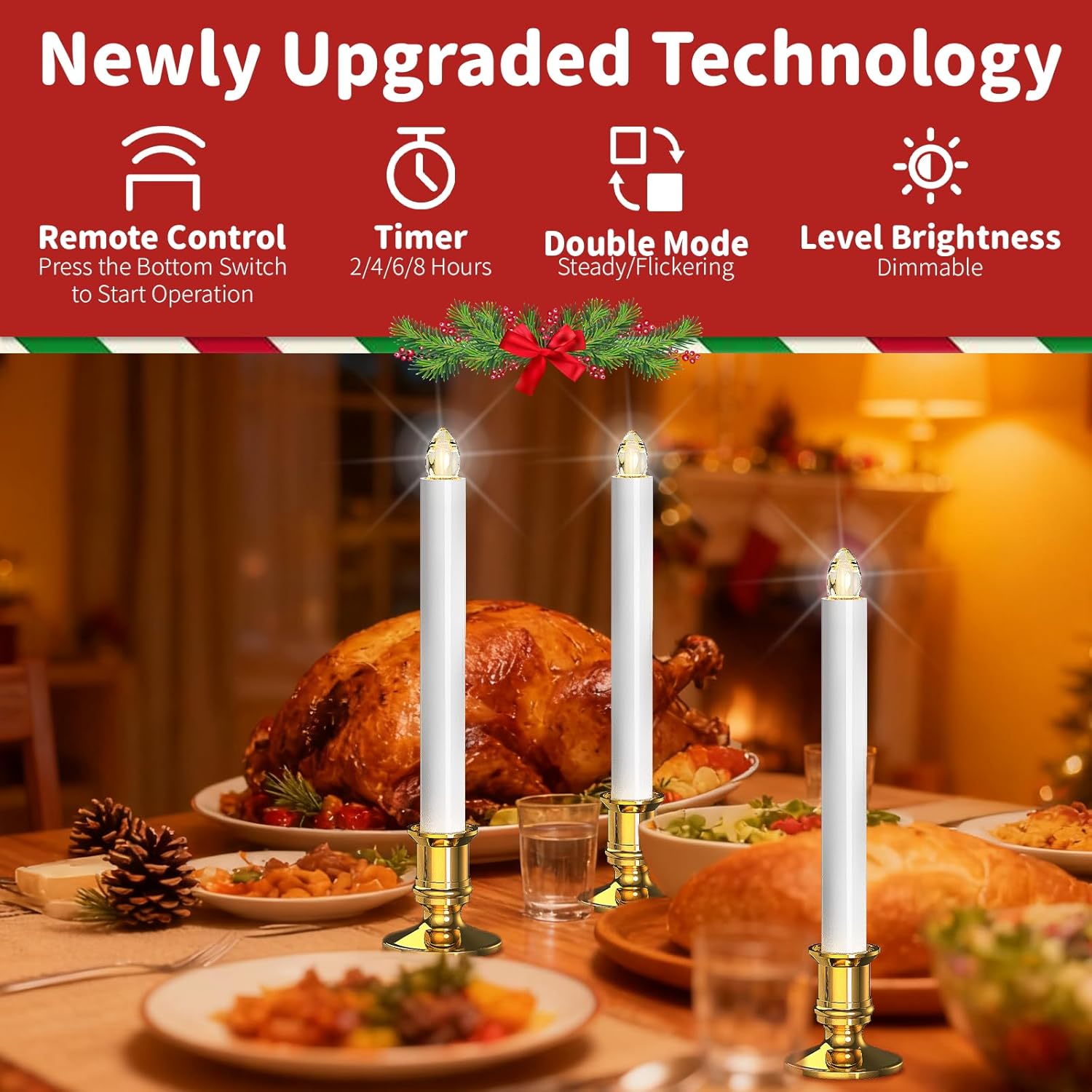 Christmas Window Candles, 6Pcs Christmas Flameless Taper Candles Battery Operated With Remote & Timer, Candlestick, Suction Cups For Christma/Home/Wedding