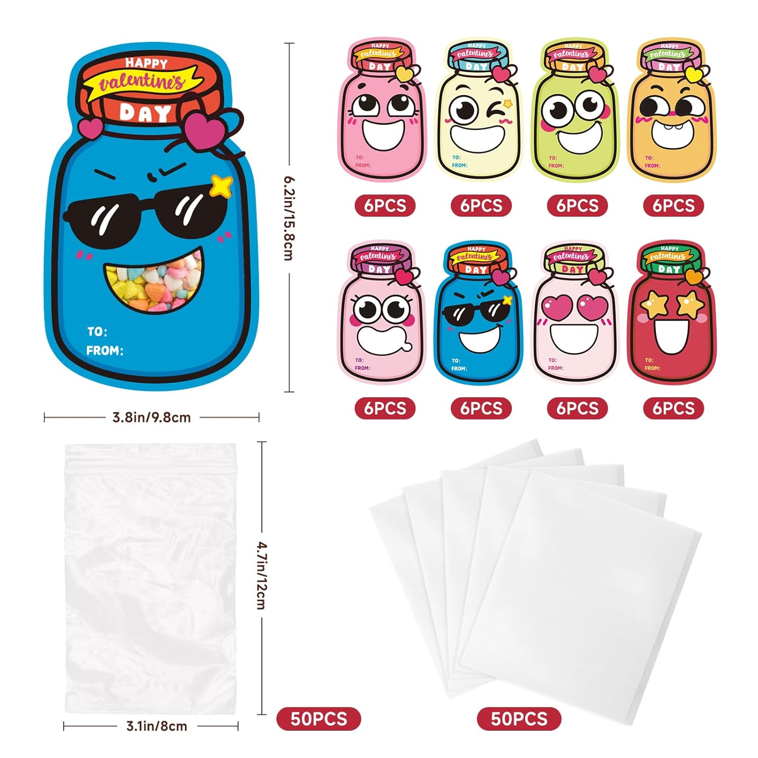 48 Pack Valentines Day Cards - 8 Styles Happy Valentine’S Day Mason Jar Cards With Treat Bags For Classroom Valentines Exchange, School Gift Exchange & Party Favors