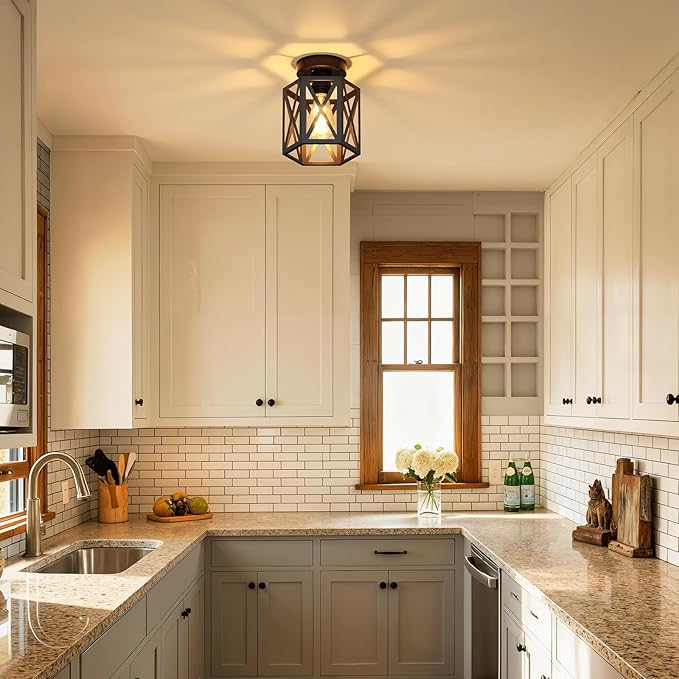 2 Pack Hexagon Semi Flush Mount Ceiling Lights Black Farmhouse Fixtures
