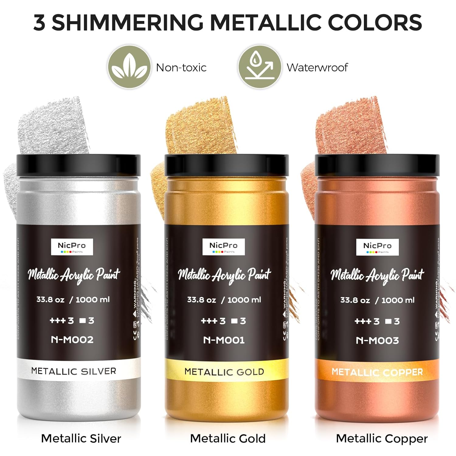 Large Acrylic Paint Metallic, 3 Colors Gold, Silver, Copper 101.4Oz/3000Ml Gold Leaf Paint, Non Toxic, Non Fading For Art Painting, Handcrafts, Multi-Surface, Canvas, Wood, Clay Metal Furniture