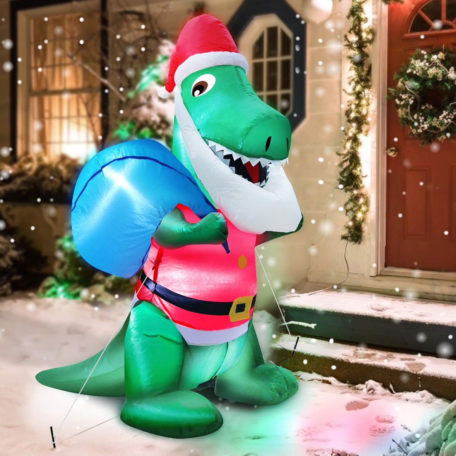 4 Ft Christmas Inflatables Santa Dinosaur With Led Light Stakes Tethers Outdoor Decoration