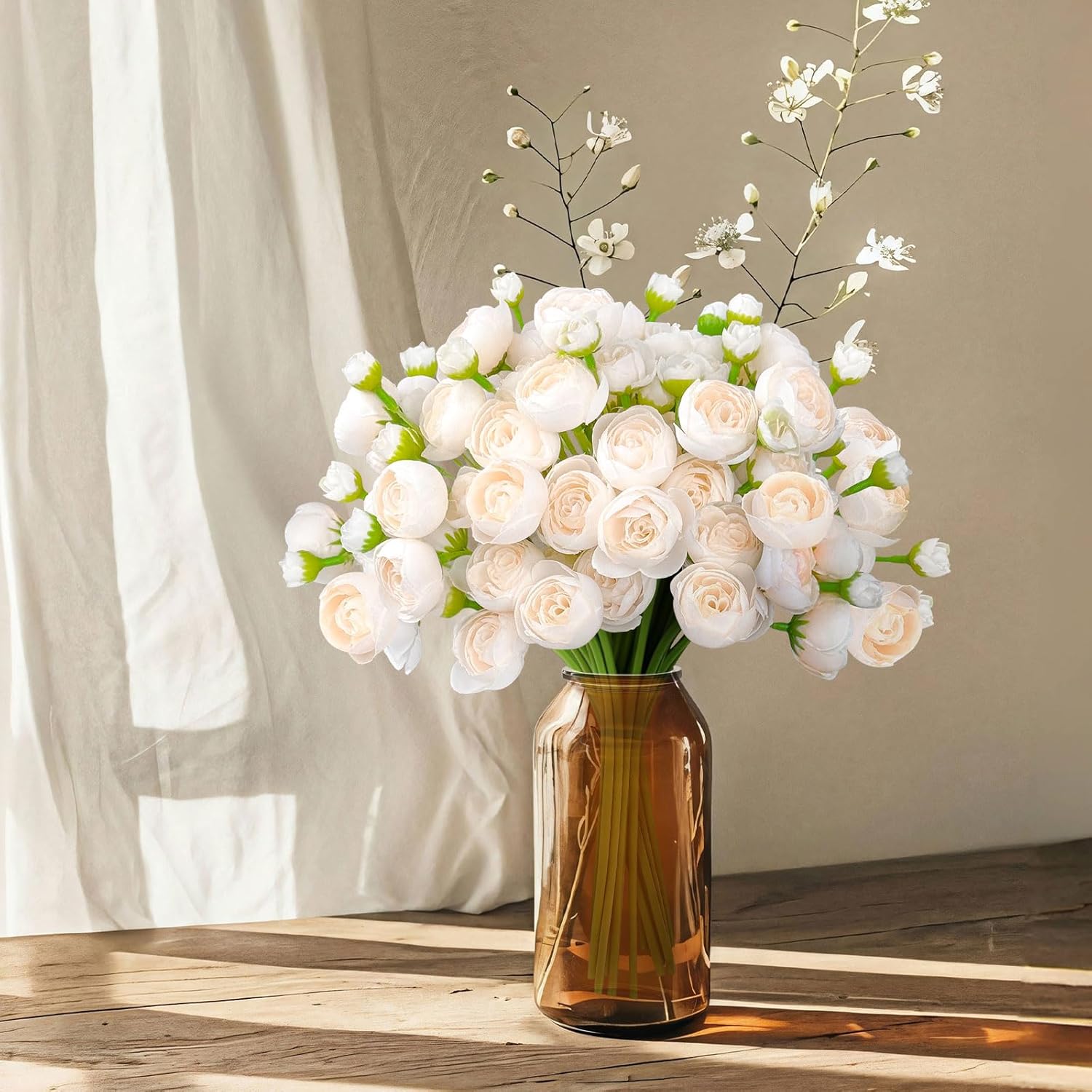 24 Pcs Ranunculus Artificial Flowers With Bows, Ribbons And Pearl Pins, Faux Silk Mini Peonies Artificial Flowers For Diy Wedding Bouquets, Bridal Shower Decorations And Home Table Decorations,Cream