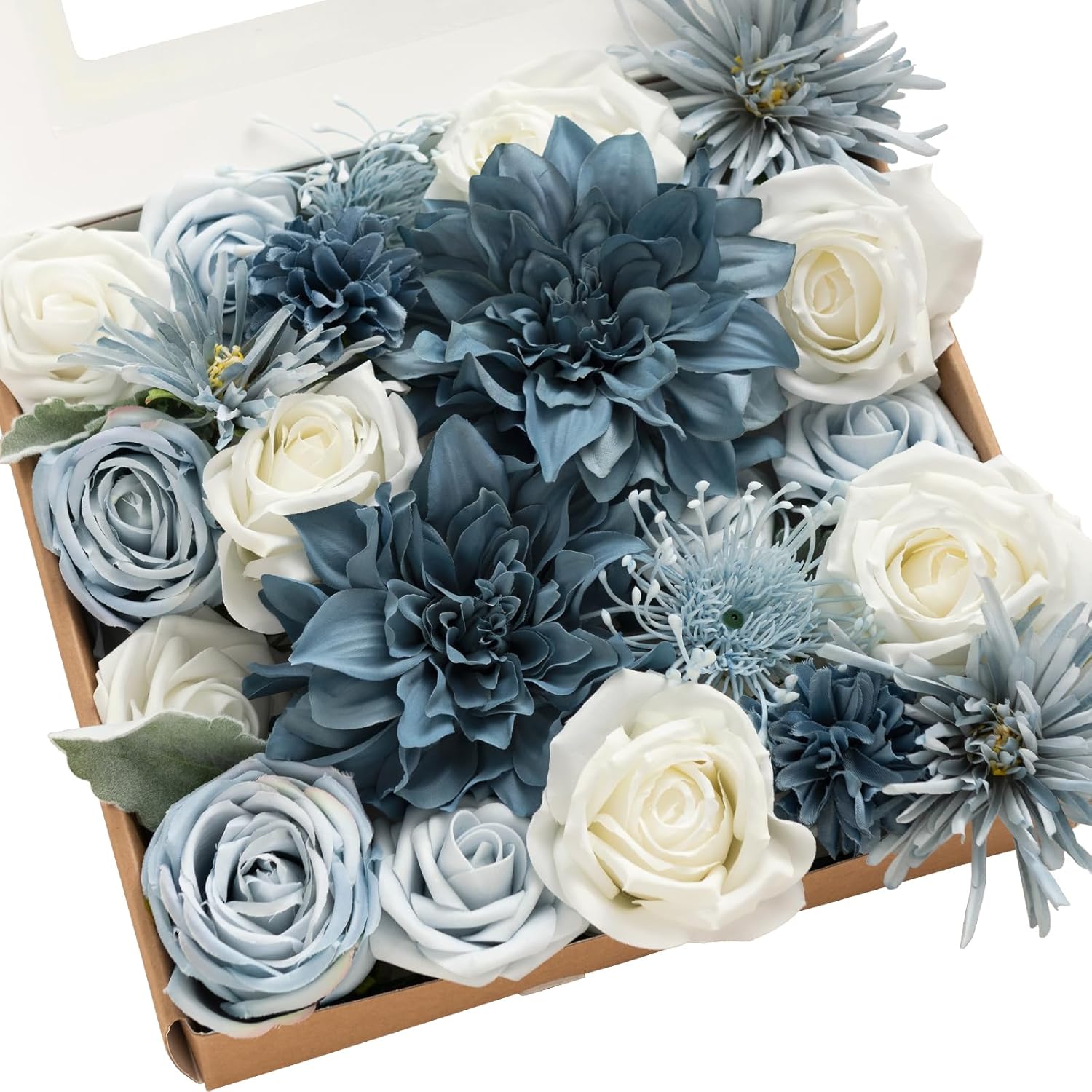 Fake Flowers Box, Faux Artificial Greenery Stems Foam Roses Silk Dahlia Fabic Flower For Centerpieces Bouquet Wedding Vase Floral Arrangement Decorations, Dusty Blue & Navy, Grand Combo