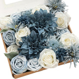 Fake Flowers Box, Faux Artificial Greenery Stems Foam Roses Silk Dahlia Fabic Flower For Centerpieces Bouquet Wedding Vase Floral Arrangement Decorations, Dusty Blue & Navy, Grand Combo