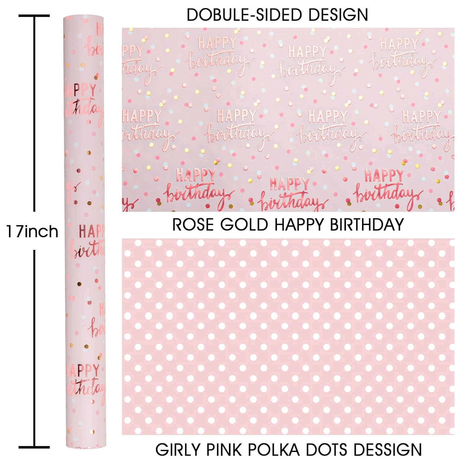 Reversible Pink Birthday Wrapping Paper Roll, Girl Gift Wrapping Paper, Metallic Foil Happy Birthday Pattern Girly Gift Wrap For Gift Packaging, Women Party, Celebrations (17 Inch X 33 Feet)