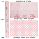 Reversible Pink Birthday Wrapping Paper Roll, Girl Gift Wrapping Paper, Metallic Foil Happy Birthday Pattern Girly Gift Wrap For Gift Packaging, Women Party, Celebrations (17 Inch X 33 Feet)