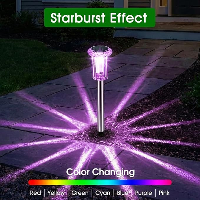 10 Pack Solar Pathway Lights Stainless Steel Waterproof Color Changing Garden Stake Lights
