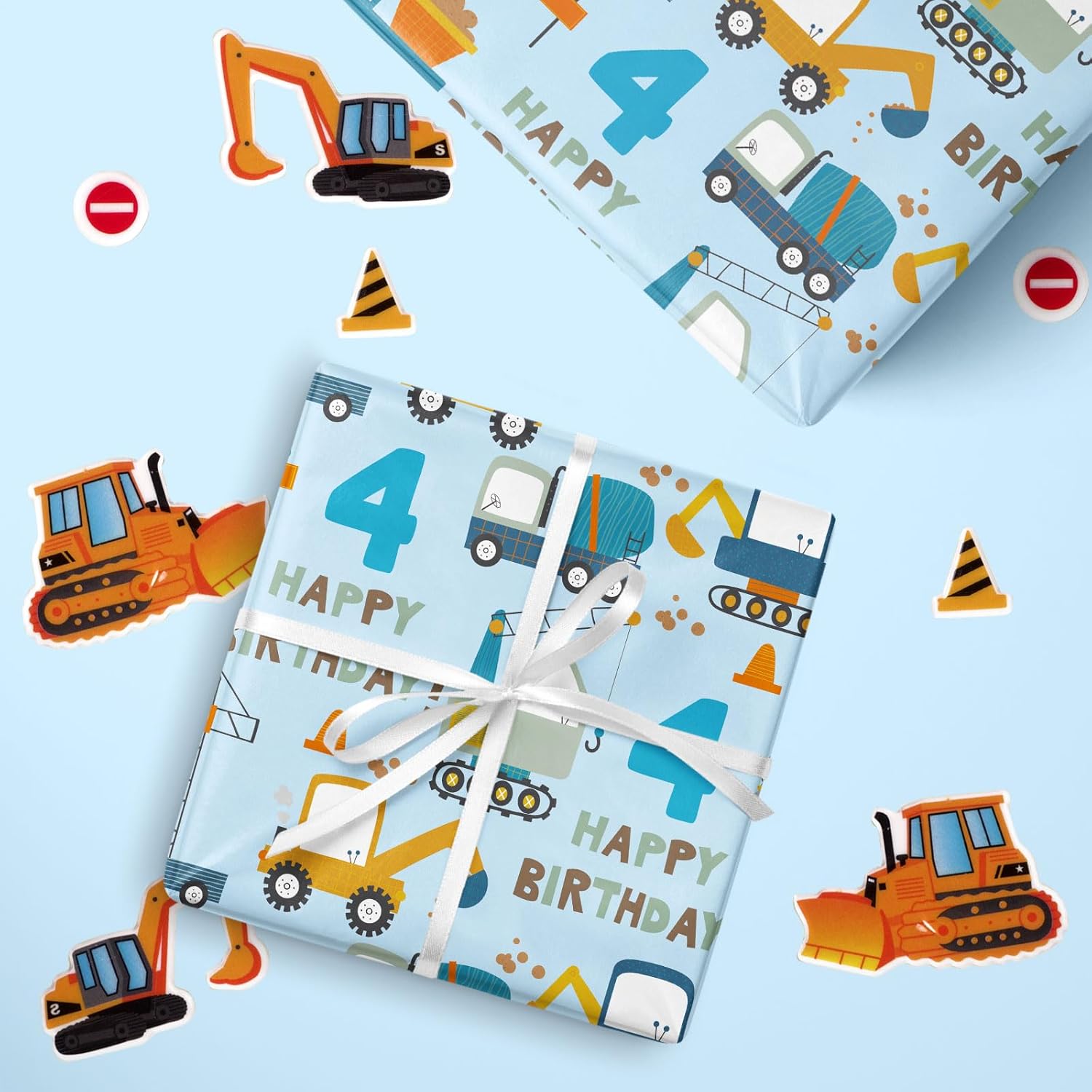 4Th Birthday Wrapping Paper For Boy - Mini Roll - Blue Cartoon Cars Trucks And Happy Birthday Text Pattern For Boys' Or Kids' Birthday Party And More - 17 Inches X 16.4 Feet - 4 Years Old