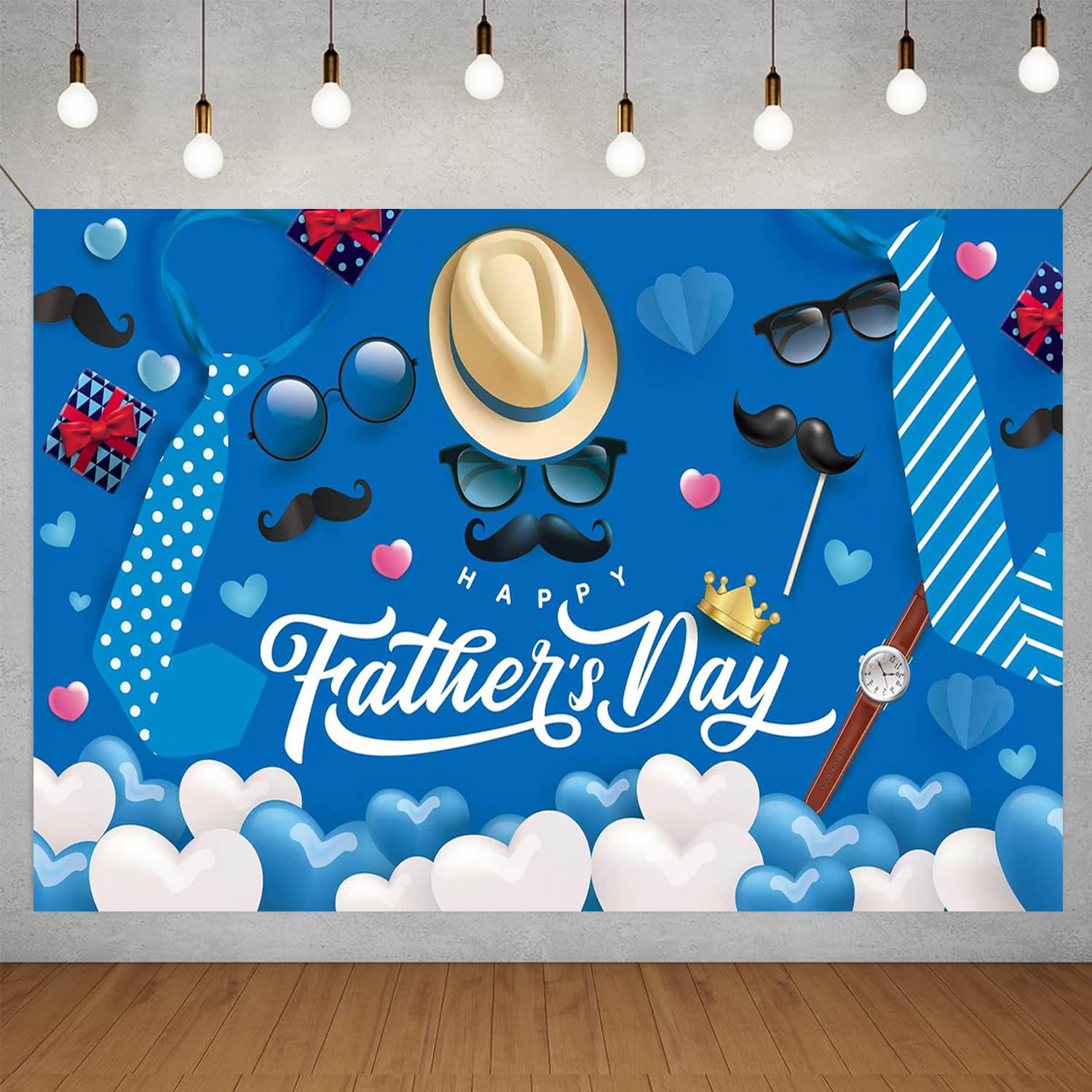 Father's Day Backdrop, Happy Fathers Day Decorations Blue Dad Party Banner Background with Hat Glasses Mustache Tie Watch Hearts for Photo Booth Decor, 71 x 43 Inch