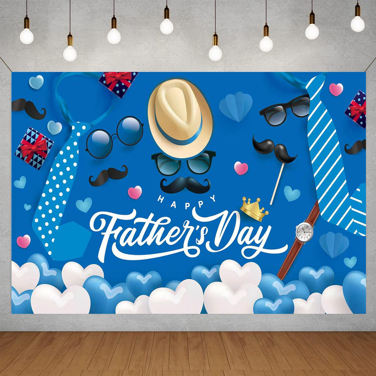 Father's Day Backdrop, Happy Fathers Day Decorations Blue Dad Party Banner Background with Hat Glasses Mustache Tie Watch Hearts for Photo Booth Decor, 71 x 43 Inch