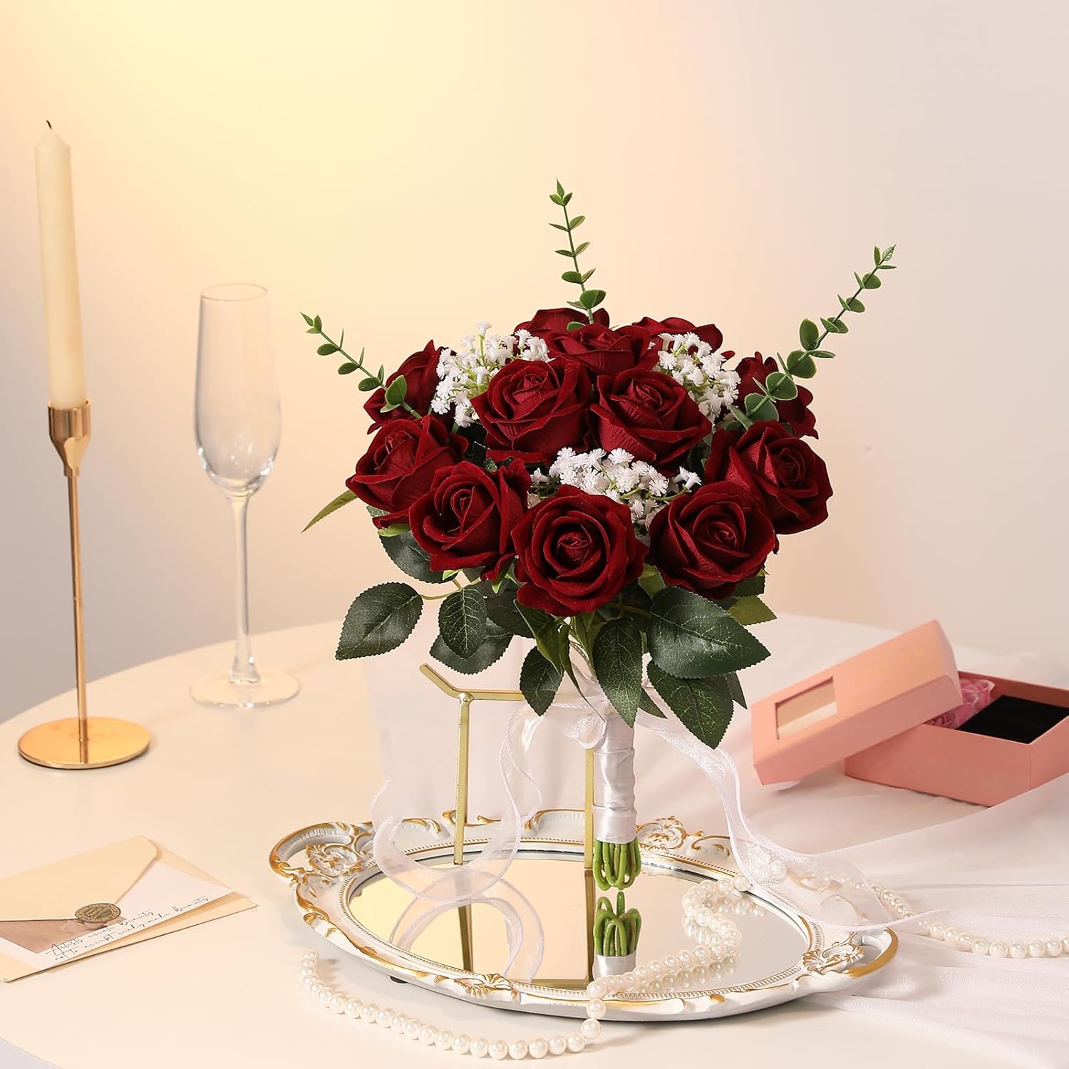 12Pcs Artificial Flowers Fake Roses, Realistic Velvet Long Stem Red Roses Bouquet For Wedding Centerpiece Home Decor Party & Valentines (Wine)