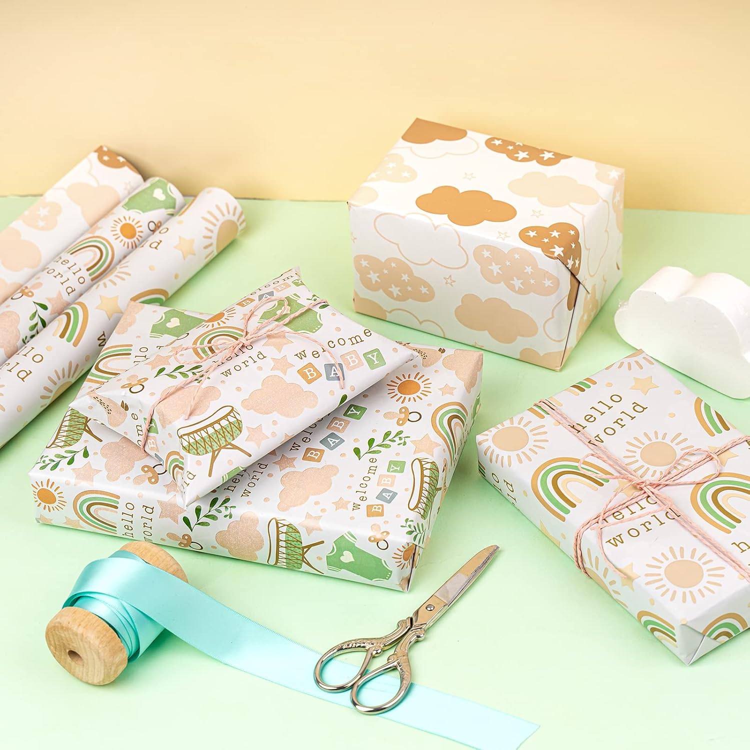 Baby Shower Wrapping Paper Roll, Baby Suit Rainbow Sun Sweet Clouds In Khaki, For Baby Boys Girls, 1St Birthday, Newborn Party, Mini Roll With Cut Lines, 17 X 120 Inches, 3 Rolls