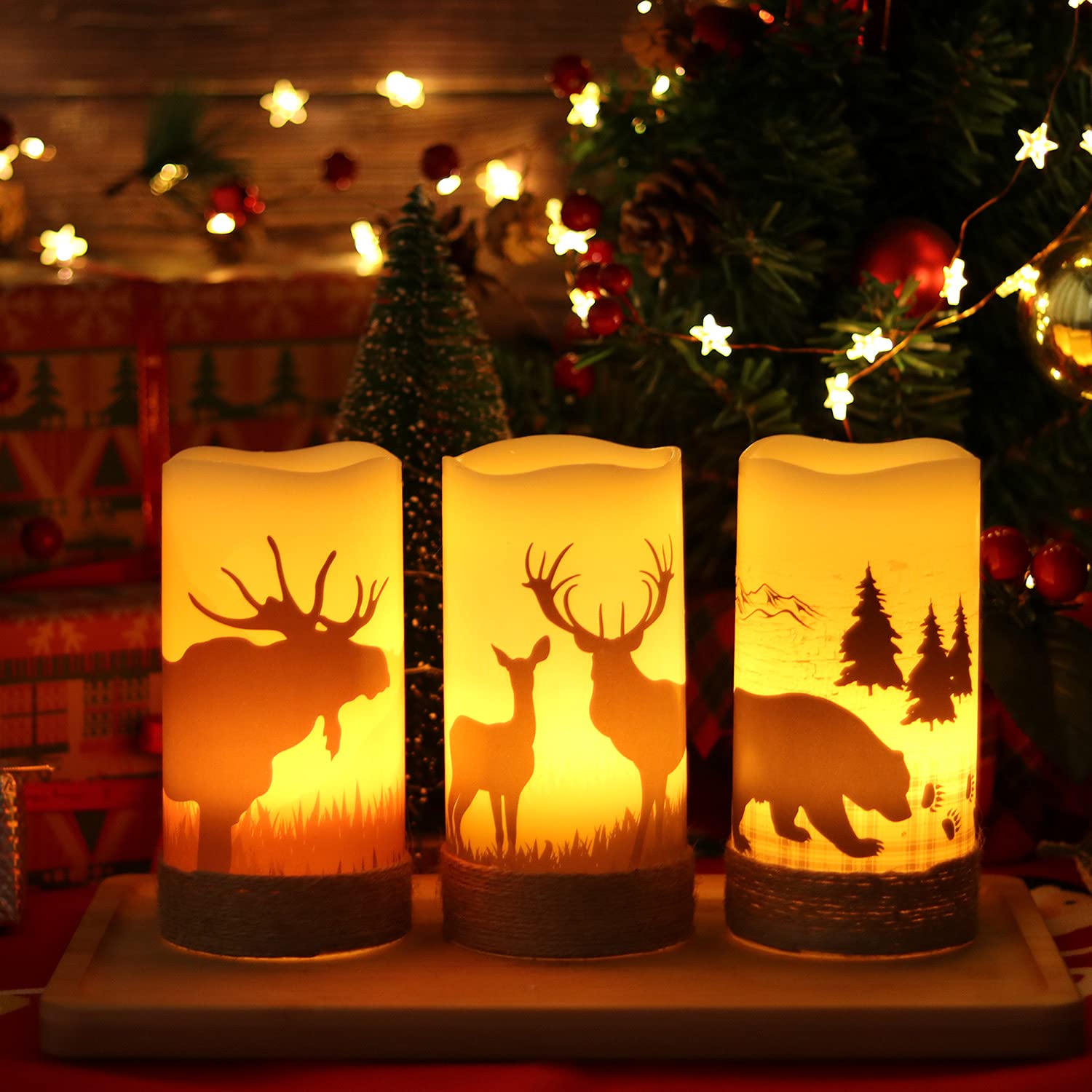 Flameless Flickering Led Candles With Hemp Rope And 6H Timer, Battery Operated Set Of 3 Real Wax Pillar Rustic Candles Warm Light With Deer, Moose, Bear Decals Decor Christmas Home(D3 X H6)