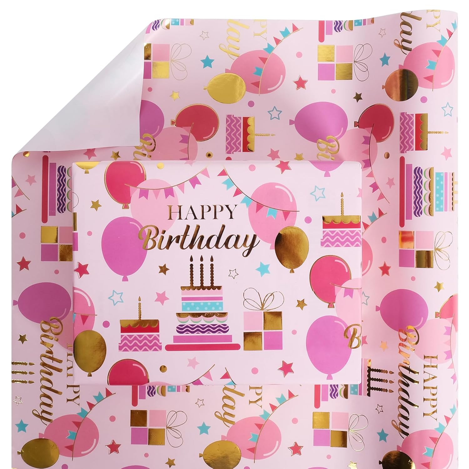 Pink Birthday Wrapping Paper Roll - 17 Inch X 32.8 Feet - Gold Foil Celebration Cake, Balloon, Happy Birthday Lettering Design Gift Wrap For Kids, Baby Showers