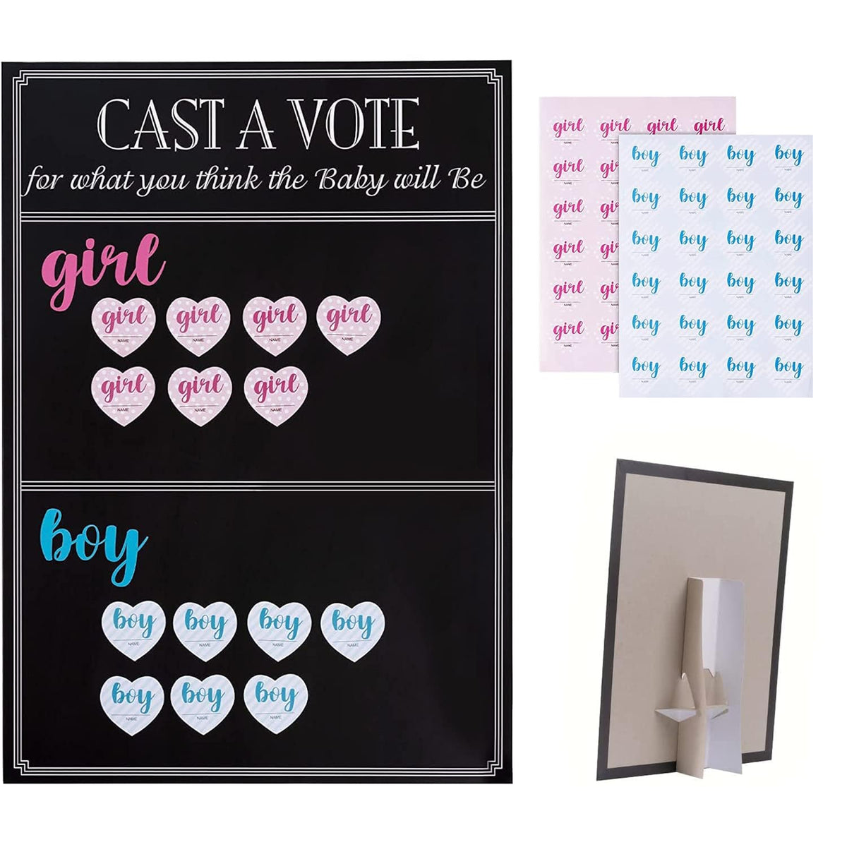 Baby Gender Reveal Board Game With 144 Girl Or Boy Voting Stickers, Cast Your Vote Sign With Stand - Chalkboard Design (12 X 17 In)