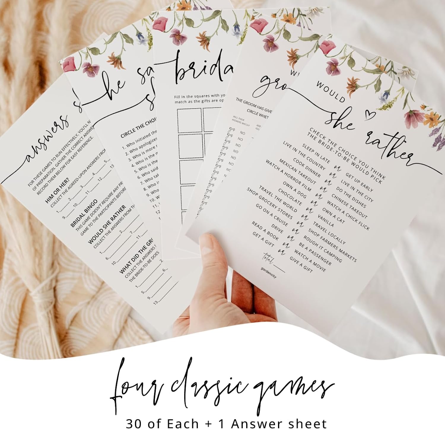 Bridal Shower Games - 4 Bridal Shower Games For 30 Guests, (He Said She Said, Would She Rather, Bridal Bingo, What Did The Groom Say), Double-Sided Cards (Wildflower)
