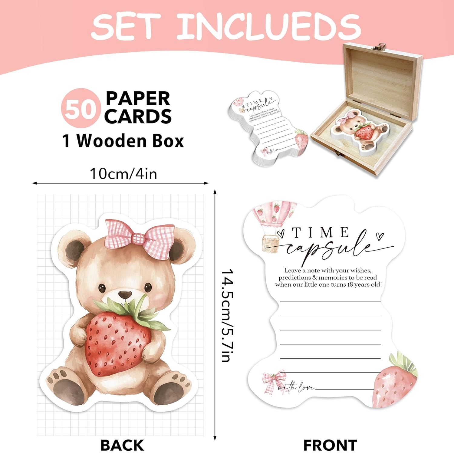 Baby Time Capsule Box 1St Birthday - Time Capsul For First Birthday Party Games, Guest Messages & Milestone Memories For Baby Boy Or Girl, 50 Pcs Strawberry Bear Theme Cards -A10