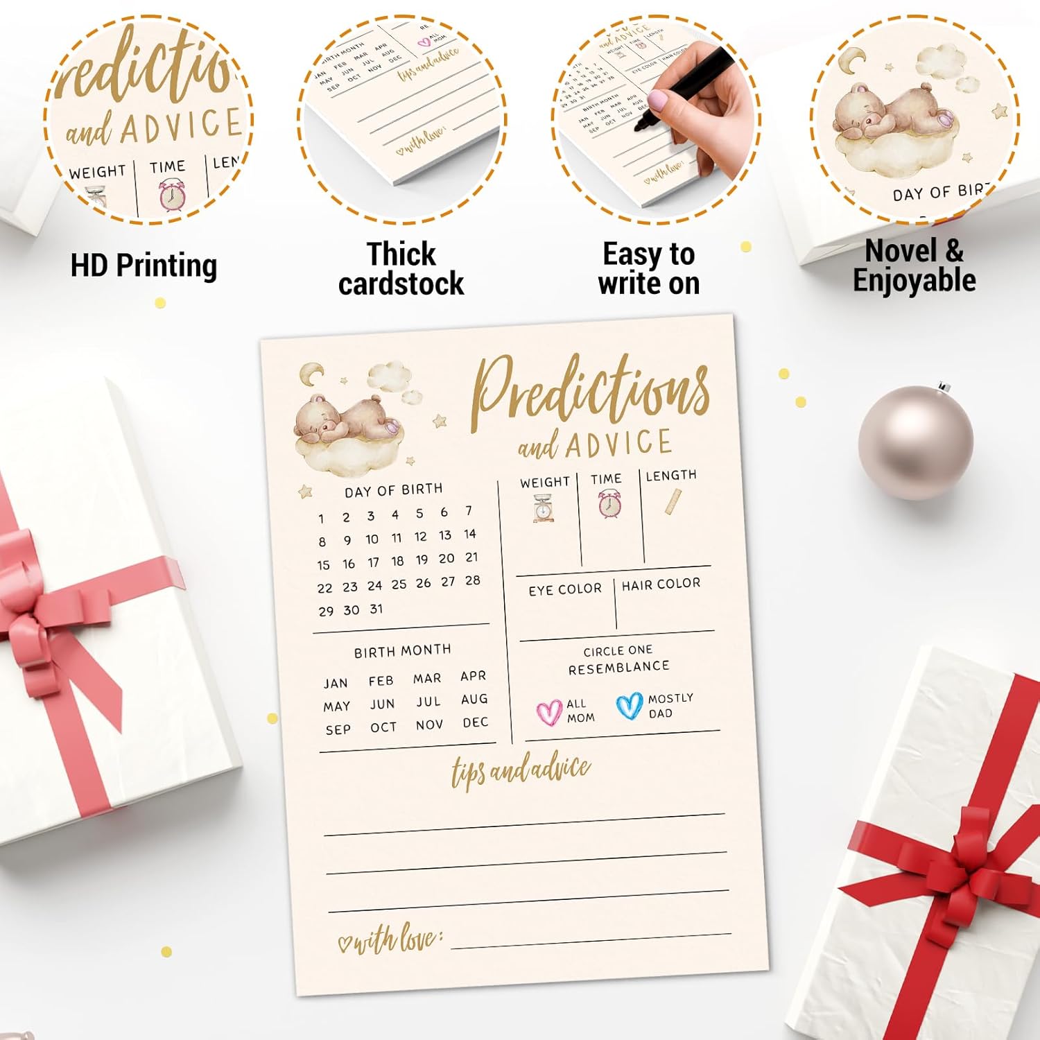 Baby Predictions For Baby Shower Advice Cards - 20 Pcs Bear Baby Shower Games For Boy Or Girl - Fun Gender Reveal Activity For New Parents