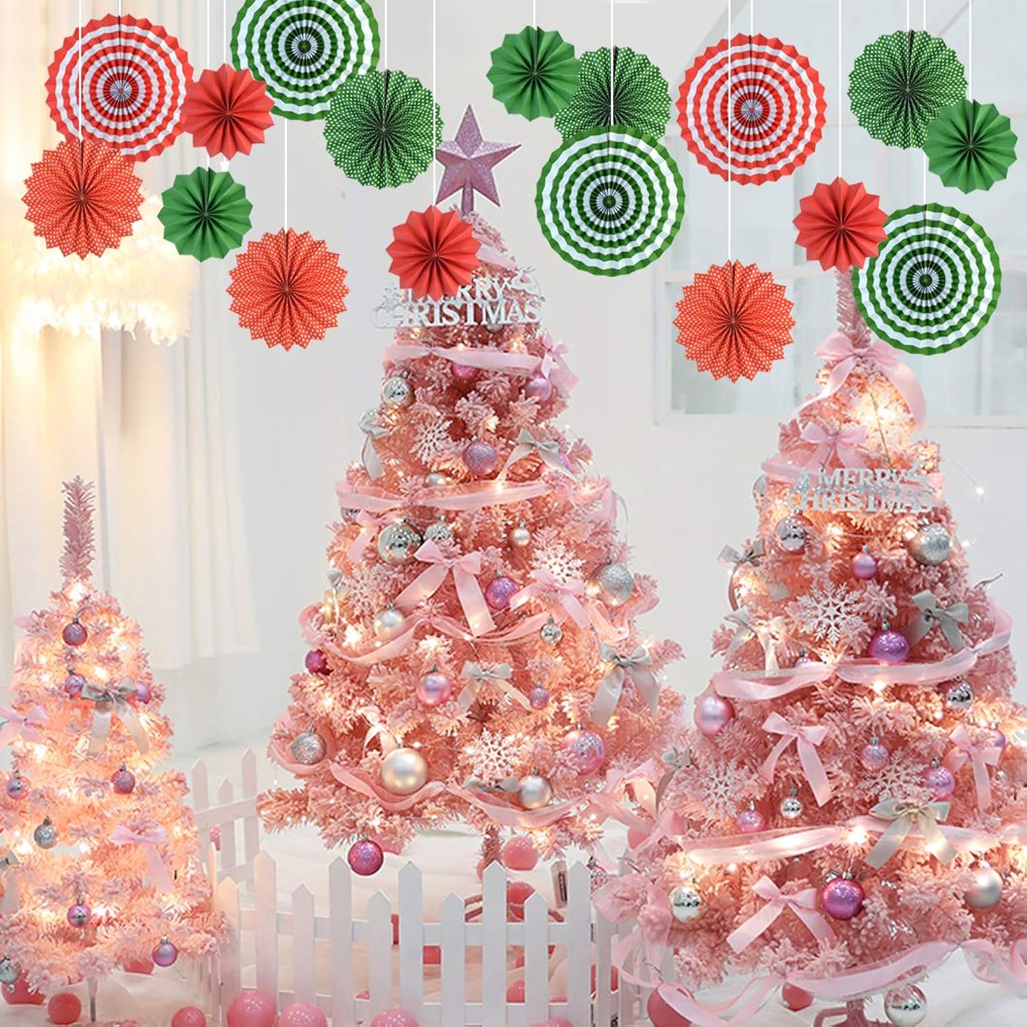 18Pc Party Red And Green Paper Fans Merry Christmas Hanging Paper Fans Decorations, Round Folding Party Bulk For Christmas Decorations Winter Holiday Wedding Birthday