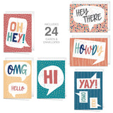 Cheerful Friendship Note Cards / 24 Everyday Encouragement Greeting Cards / 6 All Occasion Hello Designs / 3 1/2" X 4 7/8" Word Bubble Congratulations Card Set