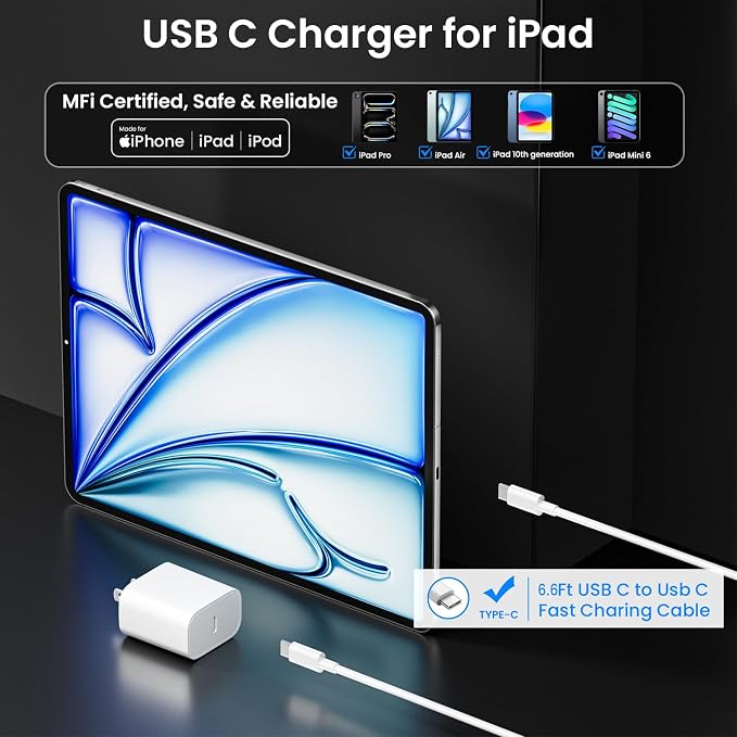 20W USB C Fast Charger with 6.6FT USB C Cable for iPad Pro Air Mini 10th Gen