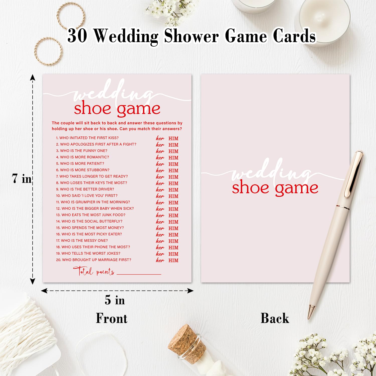 Wedding Shoe Bridal Shower Game Set, 30 Pink Wedding Shower Games Card, Bridal Shower Engagement Bachelorette Party Activities And Supplies -P08