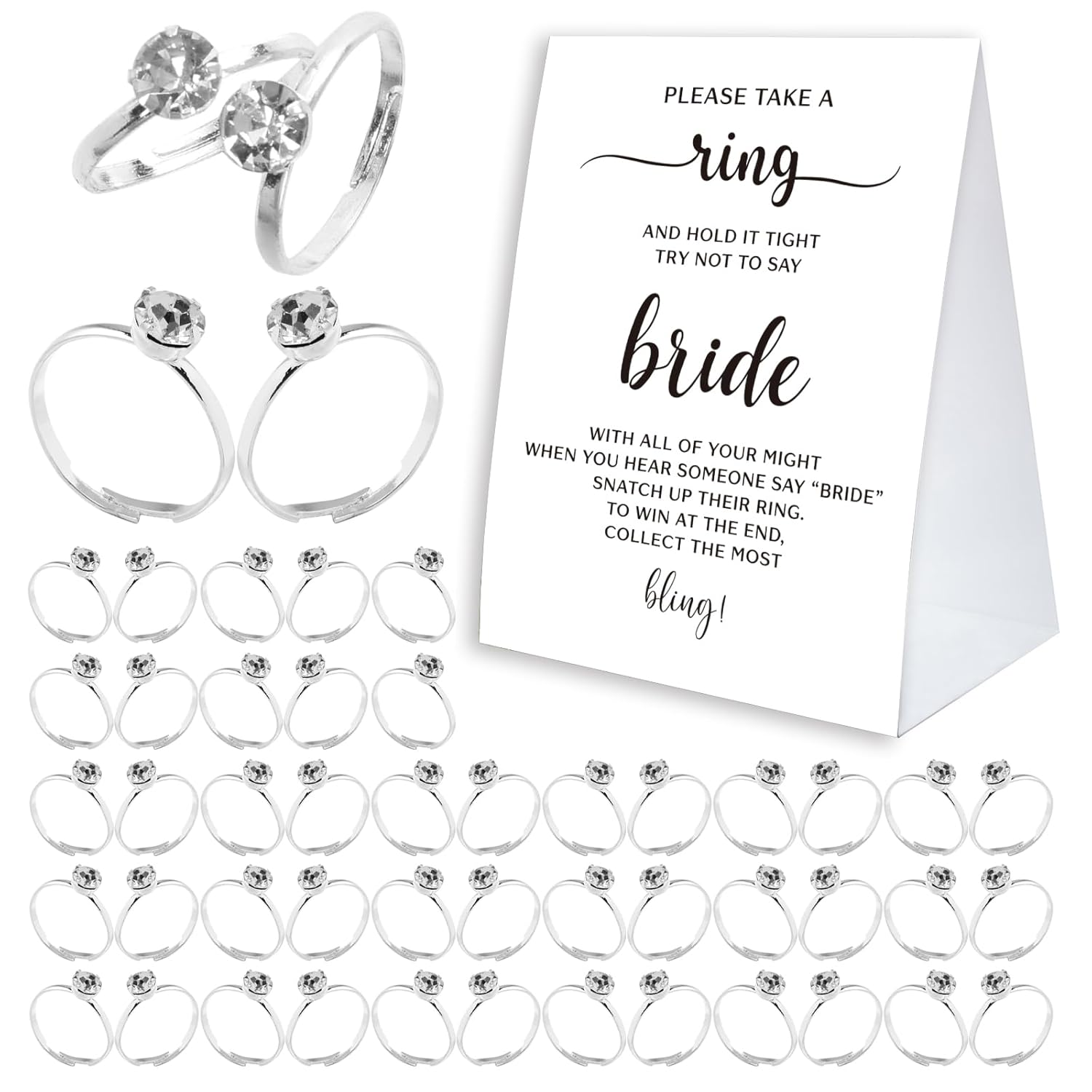 Minimalist Bridal Shower Ring Game, 'Put A Ring On It' With 50 Fake Plastic Rings, Wedding Party Game For Guests - Rg02